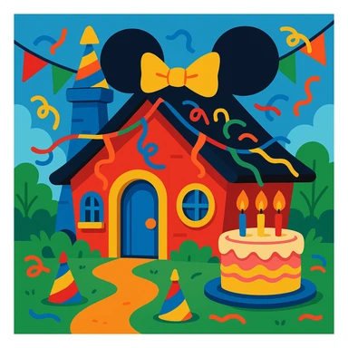 Whimsical Mickey Mouse house for a birthday, with cake, streamers, and party hats sticker