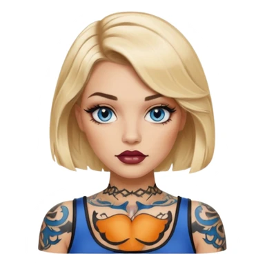 Edgy Woman, Blonde hair wavy Medium blunt bob, blue eyes, makeup Smokey lid with doe lashes, fuller glossy lips, tattoo on arms, wearing black sticker