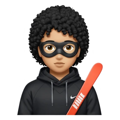 Blasian teenager wearing a hoodie with black curly hair and nike ski mask sticker