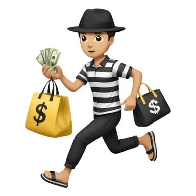 Make a man wear a black pant and he shirt is balck line and white line and wear a black hat and he holding a money bag and he running he wear a black eye thing no money in the Left hand and he yellow and the money bag in the right he wear a flip flop like this is Money bag 💰 NO MONEY sticker