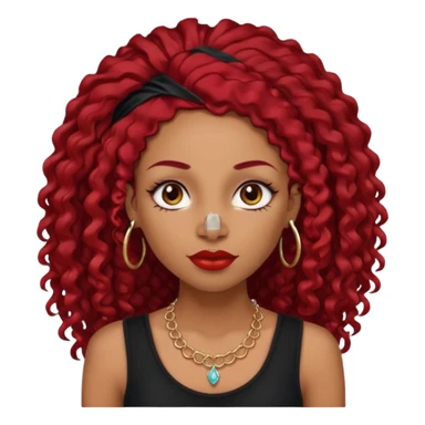 light-skinned black girl with very long eyelashes with long curly dark red hair with edges wearing a black top with no sleeves. and a red accessory on her head with nose and mouth piercings and is a baddie and looks like a bad girl. sticker
