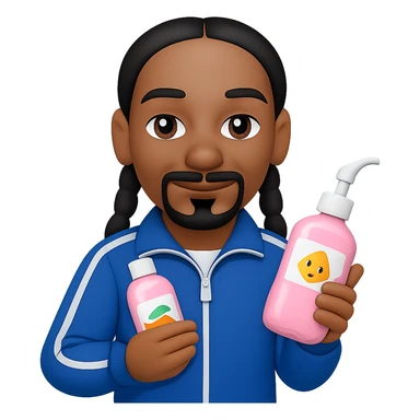 Change the baby oil bottle to pink, Snoop Dogg in a tracksuit holding it, in emoji style with no background. sticker
