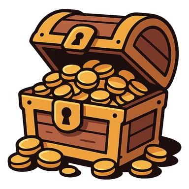 flat design style game icon of a treasure chest with gold coins spilling out, clean lines, vibrant colors, modern look sticker
