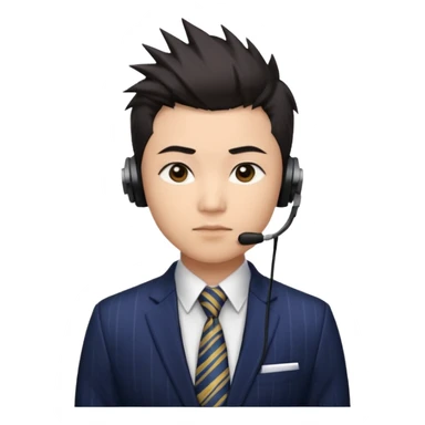 30 years old full kind of chubby face, very asian, short dark hair styled upward with a spiked swoop in front, a clean-shaven face, focused eyes, and a slim headset over one ear, wearing a dark pinstripe suit with a patterned dress shirt and a bright solid-colored tie visible from the chest up. sticker