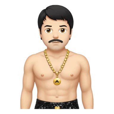 Oliver Reed with black hair, black sequin baggy pants, shirtless with necklace sticker