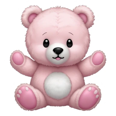 a fluffy toy teddy with a light pink colored shell and ears and a big white face and round bear feet, with a cute black closed eyes and mouth sticker