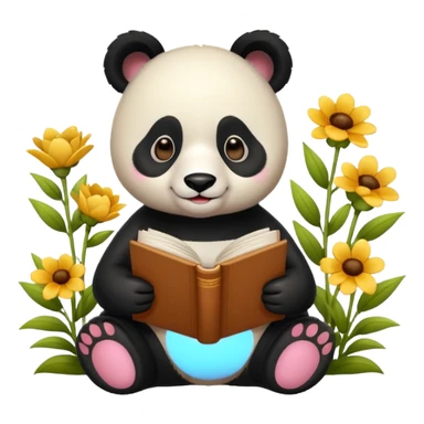 beige panda reading books + flowers sticker