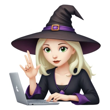 Evil genius lady tapping her fingers together over computer with witch hat on sticker