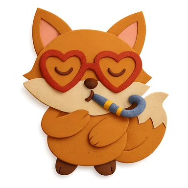 Add another hand to the baby fox, making the pose look natural and cute. Keep the heart glasses, party horn, and maintain the paper-craft style and color palette. sticker