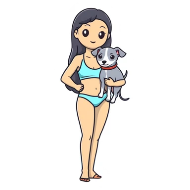 Slim Chinese woman with long black hair in appropriate pool attire at an indoor swimming pool with her Italian greyhound that is COMPLETELY solid grey, with absolutely NO white markings anywhere, single uniform grey color throughout entire dog body sticker