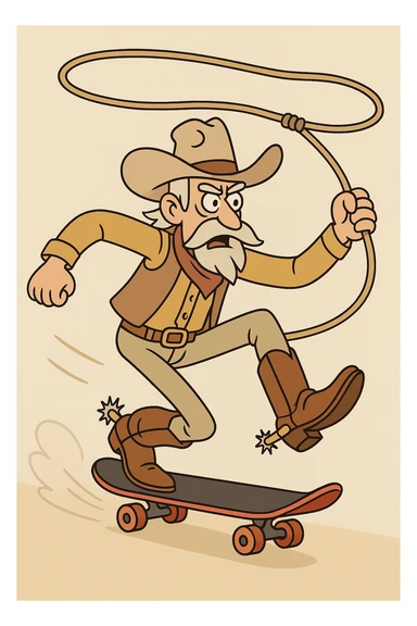 grizzled old cowboy on skateboard, lasso in hand, boots and spurs, energetic action sticker