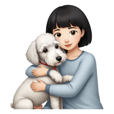 A girl with short black hair and bangs happily hugs a white Bedlington terrier sticker
