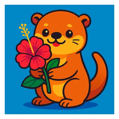 a cute otter holding a hibiscus flower, vibrant colors, cartoon style sticker