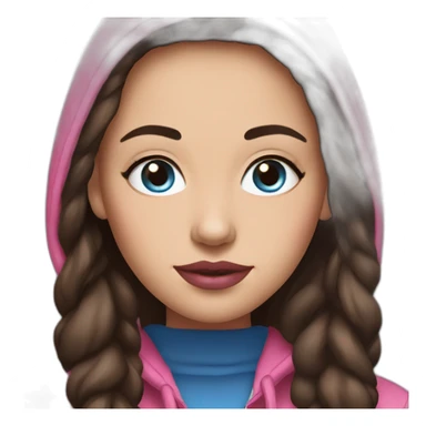 Women with long dark brown hair and blue eyes with pink cheeks and pink lips and thick dark brown eyebrows wearing a hoody sticker