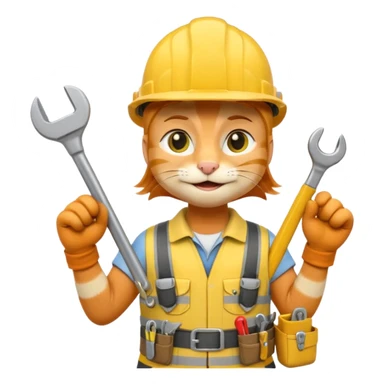 orange tabby cat wearing yellow hard hat holding tiny wrench, standing upright with tool belt, 3D emoji style sticker