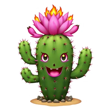 Burning cactus with pink flowers and a crazy face sticker