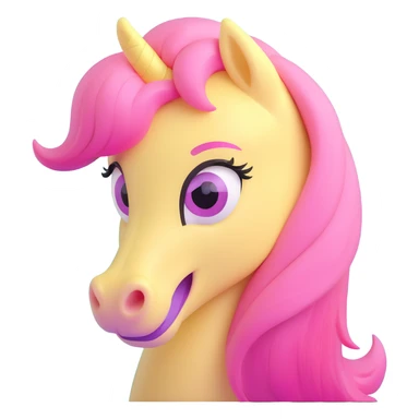 close-up face of pastel yellow pony with pink mane, big teal eyes, shy smile sticker