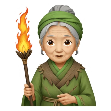 ancient asian old woman, tattered leaf green cloth, hold fire stick sticker