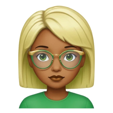 Caramel skin black woman 52 with green glasses that have gold edges and very blonde hair that’s very short but still puffy and small sticker
