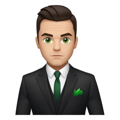 Robbie Williams with dark brown hair, green eyes, suit sticker