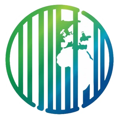 Minimalist circular logo with a barcode transitioning into a globe, representing ethical consumerism and sustainable supply chain. Green and blue gradient colors, modern and professional design. sticker