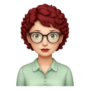 create an emoji of an adult woman with wrinkles and glasses, she has extremely short curly dark red hair, green eyes and a white vintage blouse sticker