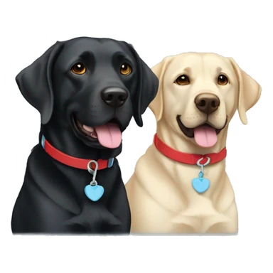 2 happy adult black labradors, one has a red collar, one has a light blue collar,side by side. sticker