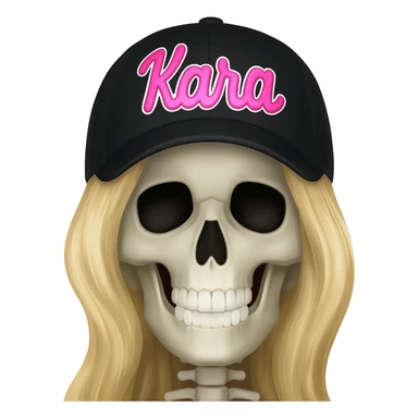 Create a skeleton head wearing a black baseball cap that says " Kara " in pink, and white lettering, with long blonde hair sticker