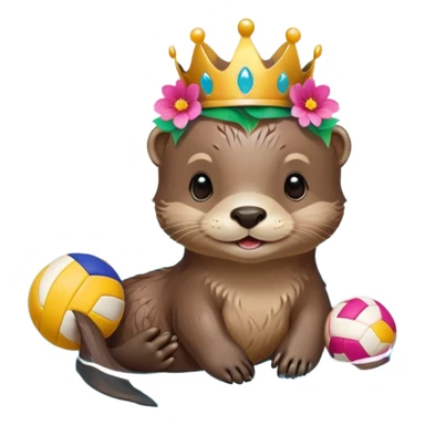super cute baby otter with a colorful flower band/crown around its head, gentle expression and soft rounded eyebrows, floating on VERY CLEARLY VISIBLE blue water with prominent waves and ripples, baby otter with big sweet eyes holding a volleyball with both small paws above the water sticker