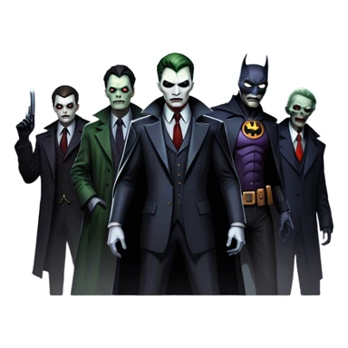Icon for Thriller Movies: A large, dramatic collage featuring sinister villains and zombies in dark clothing. The background shows the gloomy cityscape of Gotham with dim lighting and eerie shadows. The atmosphere should be tense, mysterious, and suspenseful. Transparent background. sticker