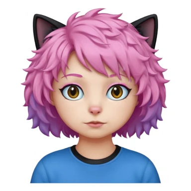 a Black cat wearing a short curly pink hair wig, blue T-shirt sticker