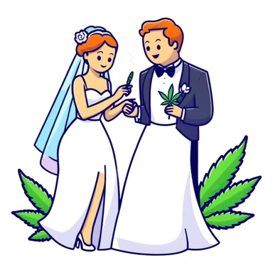 Bride in white dress and groom in tuxedo sharing a cannabis joint, cheerful cartoon wedding couple with festive colorful background sticker