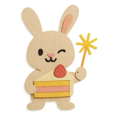 bunny holding cake slice and sparkler, winking, paper-craft style sticker