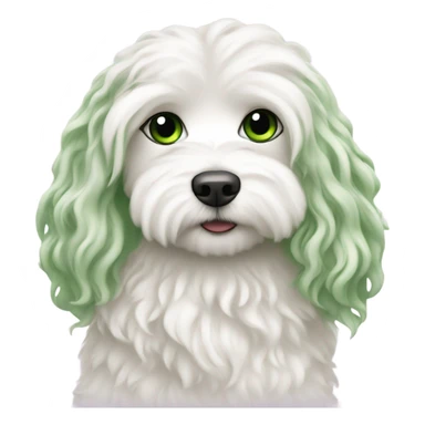 a long haired woman with green eyeshugging white maltipoo sticker
