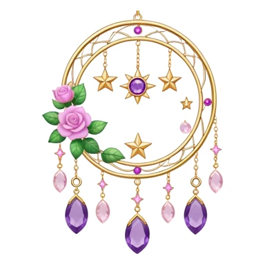 Epic beautiful gorgeous cute gold suncatcher, threads with shiny sparkly amethyst and rose-quartz gemstones, flowers, crescents-moons, stars, leaves sticker