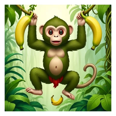 A surreal hybrid creature that is half monkey (top) and half banana (bottom). Green monkey with red facial features on top, and an opened banana peel forming the lower body. Set in a jungle with hanging vines and soft light filtering through trees sticker