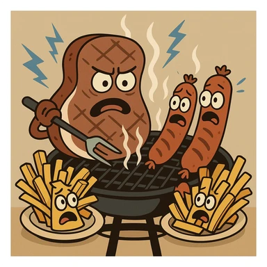 beef sirloin steak sausages on a bbq french fries potato plates   sticker