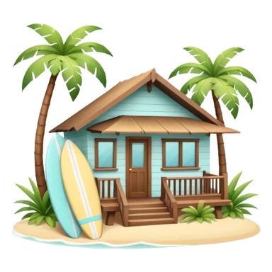 Hawaiian bungalow house, pastel colors, wooden porch, surfboard leaning on wall, palm leaves, tropical vibe, cute mobile game icon style, 3D cartoon, clean background, no text
 sticker
