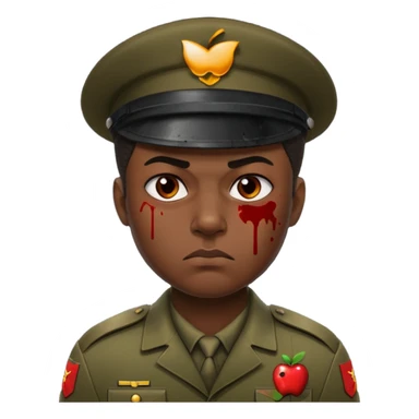 soldier with very dark melanated skin, scowling, blood splatter on left cheek, close-up face, Apple 2D emoji style sticker