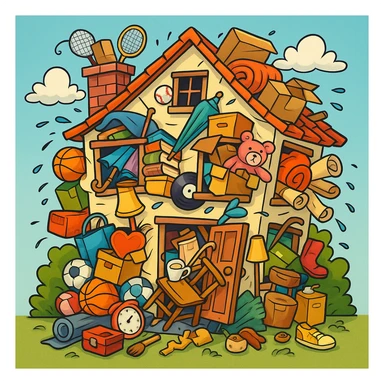 a cartoon house bursting at the seams with clutter, items spilling out of windows and doors, representing hoarding, colorful, cartoon style sticker