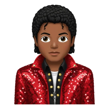 Michael Jackson with black hair, red sequin jacket, black shirt sticker