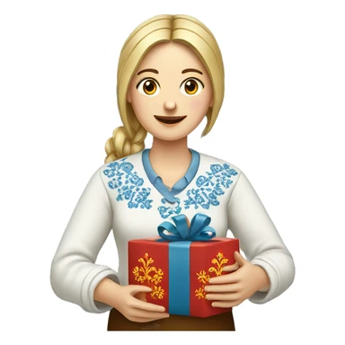 A female teacher in Ukrainian embroidery holds a gift in her hand sticker