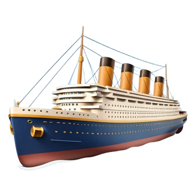 A 3D emoji of a Titanic ship in Apple style, glossy and smooth surface, bright clean colors with subtle shading, simple and minimal details, no face or expressions, floating on calm ocean, soft shadows, high-quality render, isolated on white background.


 sticker