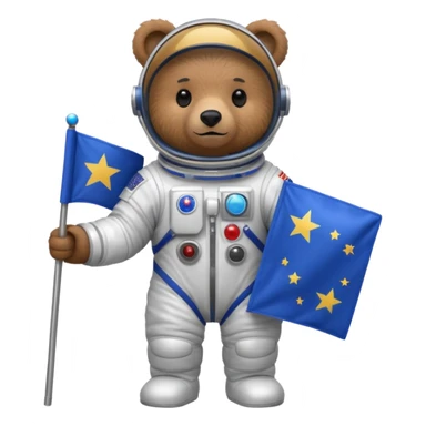 Brown bear in space suit, holding blue rectangle flag sticker