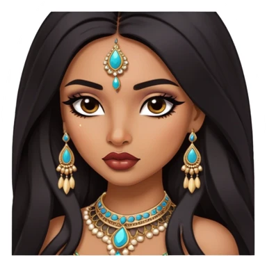 Indian nose, pretty lips, indian jewelry, long dark hair, medium skin, pretty bratz baddie, black eyeliner,  sticker