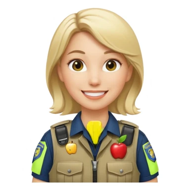 white female cop, khaki tactical vest, apple emoji style, friendly expression sticker