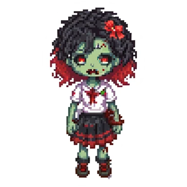 cute pixel art style of a zombie girl with curly black hair and red streaks, cute appearance, transparent background sticker