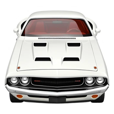 Solid white 1971 Dodge Challenger viewed from 30-degree angle, showcasing front grille and side profile, completely white paint job, Death Proof movie car, iOS emoji style sticker