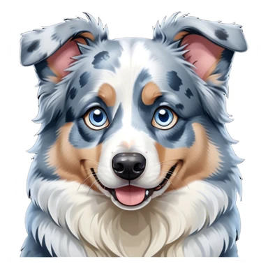 Cinematic Comical Blue Merle and White Australian Shepherd Portrait Emoji, Head tilted dramatically with an exaggeratedly shocked or offended expression, short blue merle fur with striking white patches, wide, expressive blue eyes filled with exaggerated disbelief, Simplified yet hilariously expressive features, highly detailed, glowing with a slightly sassy glow, high shine, dramatic yet playful, stylized with an air of attitude, bright and endearing, soft glowing outline, capturing the essence of a sassy and over-the-top pup, so meme-worthy it feels like it could side-eye its way into internet fame instantly! sticker