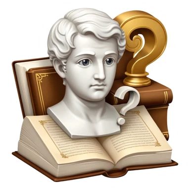 An icon featuring a classical bust, a book, and a question mark, symbolizing philosophy. The design includes a scroll with ancient text, evoking deep thought and intellectual inquiry. Transparent background highlights the search for knowledge and meaning sticker